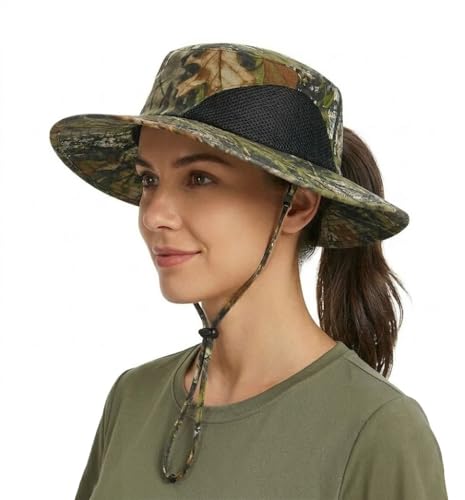 Tirrinia Sun Hats for Women, Wide Brim Hat with Ponytail Hole - color: Green Woodland Camo