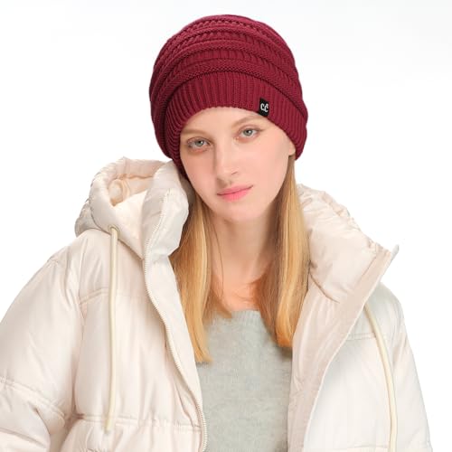 C.C Beanie Oversized Hat with Fuzzy Lining – Thick Knit Thermal Beanie for Cold Weather, Soft Warm Fleece Lined Cap - color: Burgundy