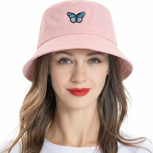 ZLYC Cotton Bucket Hat for Women Men Embroidered Packable Summer Sun Cap - color: Butterfly Pink
