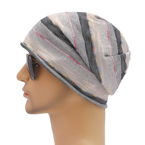 ZLYC Cotton Thin Slouchy Beanie Hat for Men Women Stretch Skull Cap - color: Stripes Gray, size: One Size