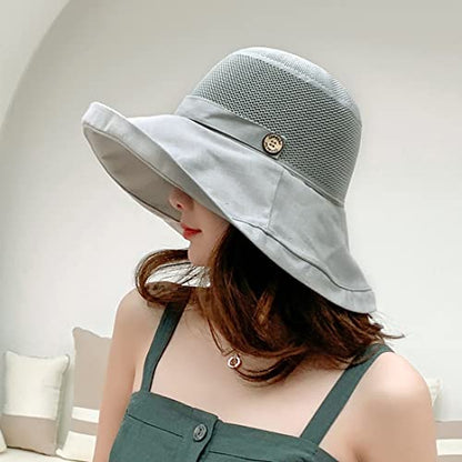 Women Wide Brim Sun Hats Metal Wired Edge Summer UV Protection Beach Fishing Hat for Hiking Garden Travel Chin Strap - color: B4-fyu001-lightgray, size: One Size