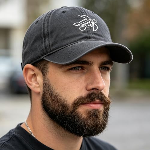 Plam Trees Hats Embroidered Washed Cotton Baseball Cap for Men Women Distressed Black Snapback Baseball Hat Adjustable - color: Turtle