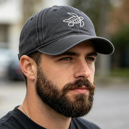 Plam Trees Hats Embroidered Washed Cotton Baseball Cap for Men Women Distressed Black Snapback Baseball Hat Adjustable - color: Turtle