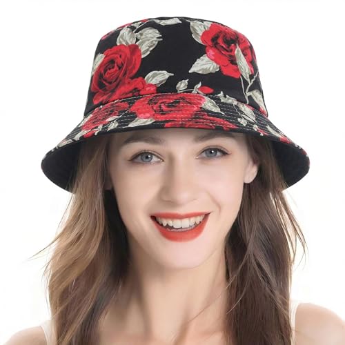 ZLYC Printed Bucket Hat for Women Men Packable Summer Sun Hat for Beach - color: Rose Black