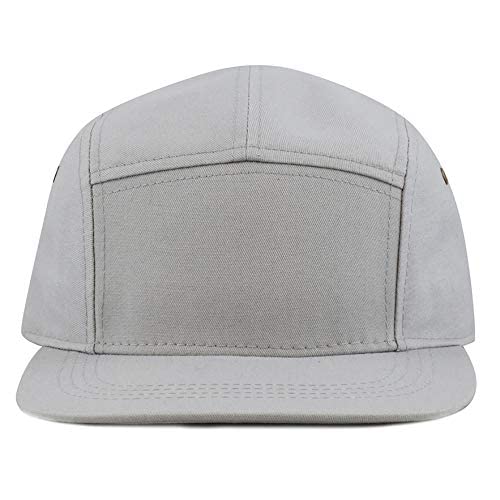 The Hat Depot Made in USA Cotton Twill 5 Panel Flat Brim Genuine Leather Brass Biker Board Cap - color: Grey