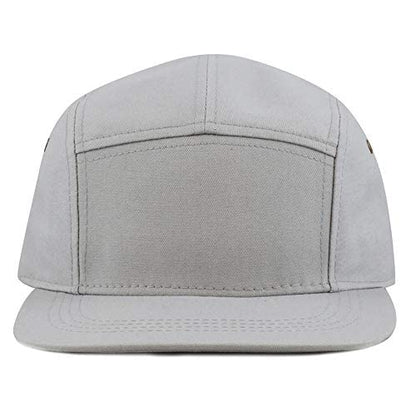 The Hat Depot Made in USA Cotton Twill 5 Panel Flat Brim Genuine Leather Brass Biker Board Cap - color: Grey