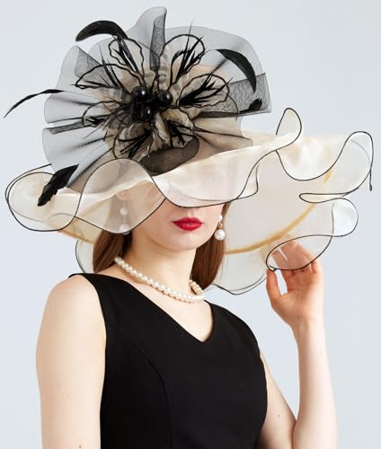 Women Organza Derby Hat Fascinator Tea Party Wedding Church Derby Hat Fascinator Hats Dual-use - color: 02b Beige