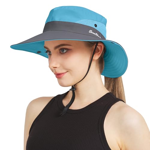 NPJY Ponytail Sun Hats for Women Men Wide Brim UPF Fishing Bucket Hat - color: Skyblue/Grey(ponytail Hole)