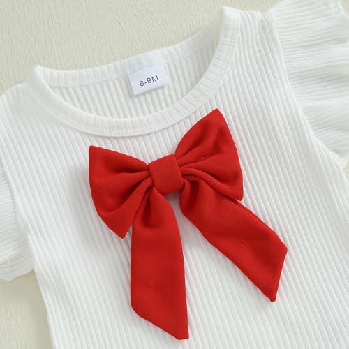 Baby Girls Fly Sleeve 3D Bow Rib Knit Shirt + Irregular Skorts + Beret Hat - color: Red, size: 6-9 Months