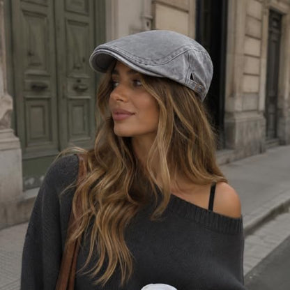 Initlove Mens Newsboy Cap Washed Beret Ivy Hat Flat Hats for Cabbie Driving - color: Black + Grey