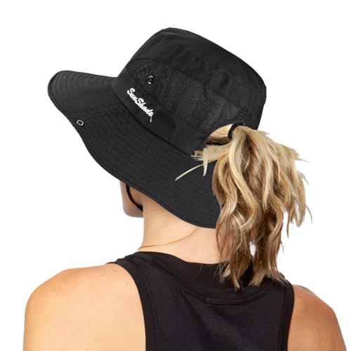 Women's Outdoor-UV-Protection-Foldable-Sun-Hats-Wide-Brim Hat Ponytail-Hole - color: Black