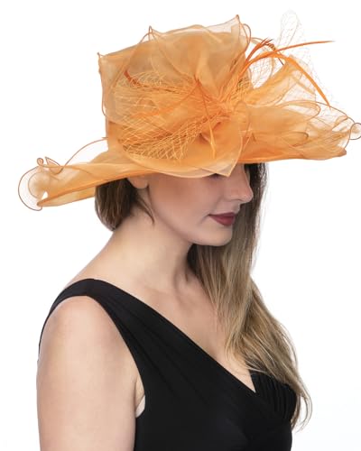 Haojing Women's Organza Church British Fascinator Bridal Tea Party Wedding Hat Summer Ruffles Cap - color: Hj23-orange