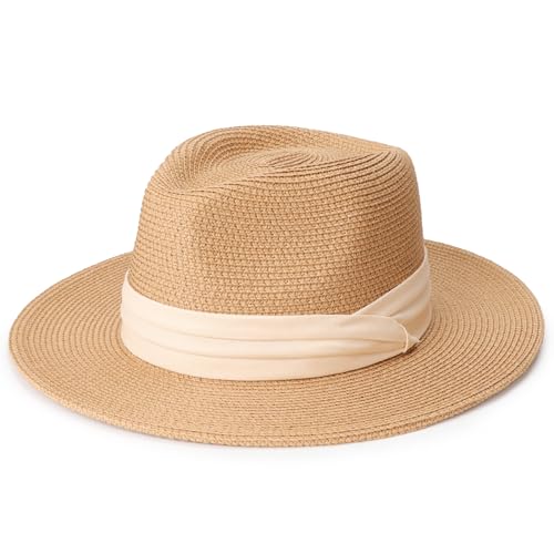 DRESHOW Women Straw Panama Hat Travel Fedora Beach Sun Hat Summer Wide Brim Straw Roll up Hat UPF 50+ - color: Panama Straw Hat: Khaki (Beige Ribbon)