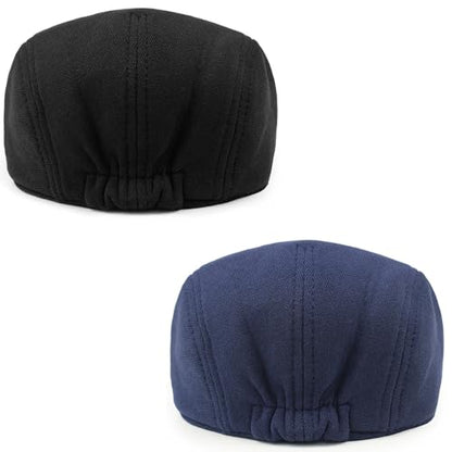 2 Pack Newsboy Cap for Men Women Flat Cap Beret Ivy Cabbie Hat - color: Black + Navy Blue