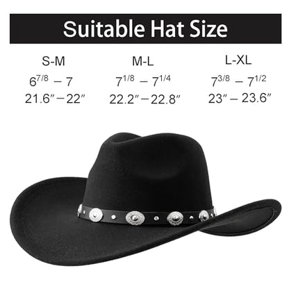 Lanzom Women Men Felt Wide Brim Western Cowboy Hats Belt Buckle Panama Hat - color: Black, size: Small-Medium