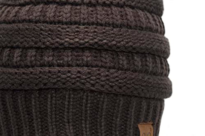 C.C Trendy Fuzzy Fleece Lined Warm Comfortable Soft Stretch Cable Knit Ribbed Faux Fur Pom Pom Beanie Hat - color: Brown
