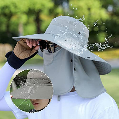 Women Wide Brim Face Mask Sun Hat Detachable Neck Face Flap Ponytail UV Protection Visor Hat Garden Fishing Hiking - color: Hyp008-lightgray