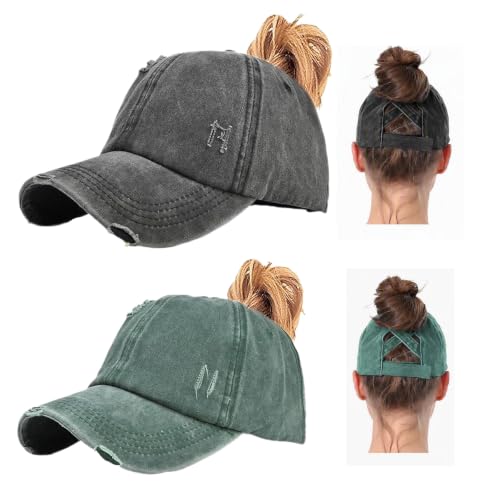 2 Packs Womens Criss‑Cross High Ponytail Trucker Hat, Cotton Vintage Washed Distressed Adjustable Baseball Cap - color: 2pcs 09
