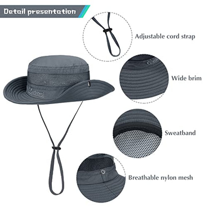 Kids Sun Hat UPF 50+ Safari Bucket Hat for Boys Girls - color: 2 Pack Dark Grey & Army Green, size: Medium