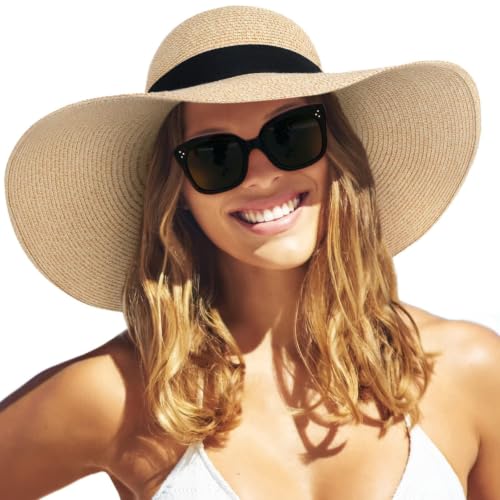 FURTALK Womens Sun Straw Hat Wide Brim Floppy Summer Beach Hats for Women - color: Mix Beige, size: Medium-Large
