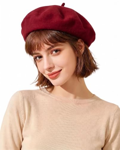 French Beret Hats for Women Men - Classic Wool Beanie Winter Cap - color: Wine Red
