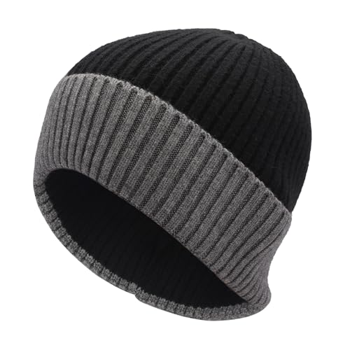 ZLYC Men Winter Knit Fisherman Beanie Hat Fashion Warm Daily Skull Cap - color: Cuffed Gray and Black