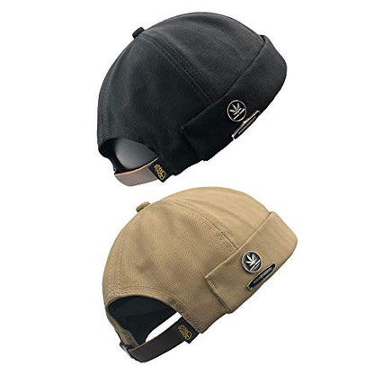 jerague Beanie Hat for Men Women Brimless Cuffed Hat Skullcap Watch Cap Adjustable - color: A-black/Khaki(2 Pack)