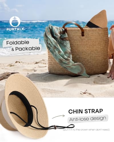 FURTALK Womens Beach Sun Straw Hat Wide Brim UV Protection Travel Hat - color: Mixed Beige, size: Medium-Large