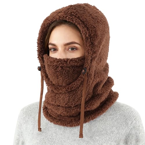 Connectyle Balaclava Hood Winter Hat for Men & Women Windproof One-Piece Fleece Hooded Scarf Ski Mask Cold Weather Hat - color: Brown