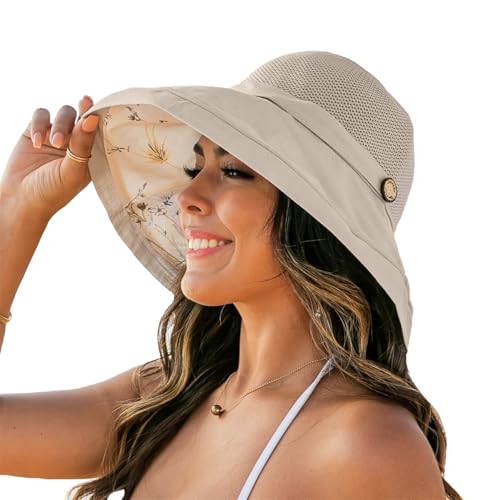 Women's-Mesh-Sun-Hats Beach Bucket Caps Outdoor-UV-Protection Foldable-Hat - color: Beige