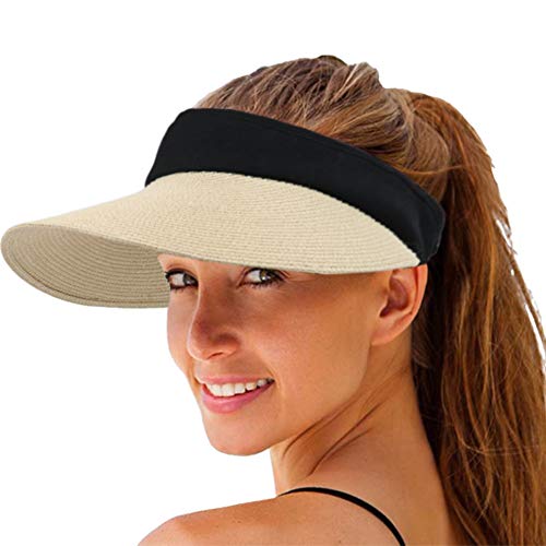 Women Straw Sun Visor Hat Wide Brim Summer UV Protection Beach Cap Foldable Packale Korean Style - color: Beige