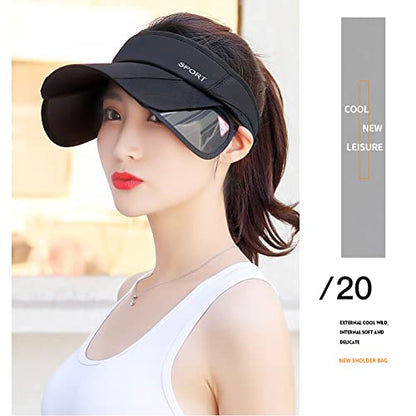 Sun Visor Hat for Women and Men - Retractable Brim Sport Hat, Summer Golf Tennis Running Beach Hat with Ponytail Hole - color: Z-2 Pack Black White