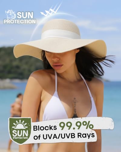 FURTALK Womens Sun Straw Hat Wide Brim Floppy Summer Beach Hats for Women - color: Beige With Beige Band, size: Medium-Large