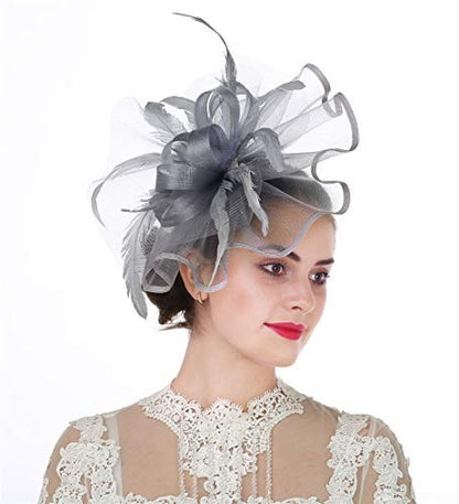 Women Fascinators Hats Flower Fascinators with Headband and Clip Tea Party Headwear for Women and Girls - color: N2-grey