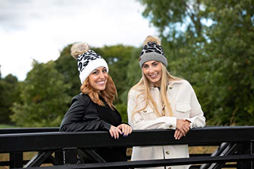 Funky Junque Women’s Pom Pom Beanie – Soft Knit Winter Hat for Women & Teens, Leopard & Zebra Fashion Animal Print Beanies - color: Leopard - Ivory