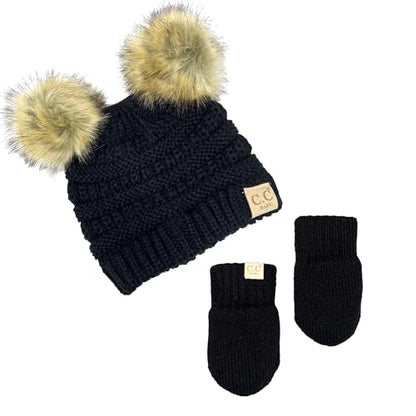 Funky Junque Baby Double Faux Fur Pom Pom Beanie & Mittens Set – Newborn Infant 0–9 Months Winter Hat with Soft Lined Mittens - color: Black (Faux Fur Pom) W/ Black Mittens (0-9 Months)