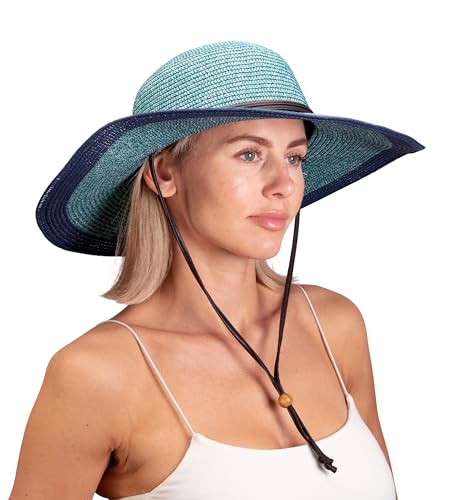 Sloggers Women's Wide Brim Braided Sun Hat with Wind Lanyard - UPF 50+ Maximum Sun Protection - color: Grey Blue