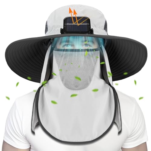 Berlune Solar Fan Hat Wide Brim with Neck Flap UPF 50+ - color: Light Gray