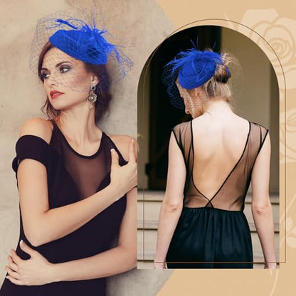 Fascinator Hat Veil Feather Fascinator Tea Party Bridal Wedding Veil Retro Hat Pillbox Hat - color: Blue