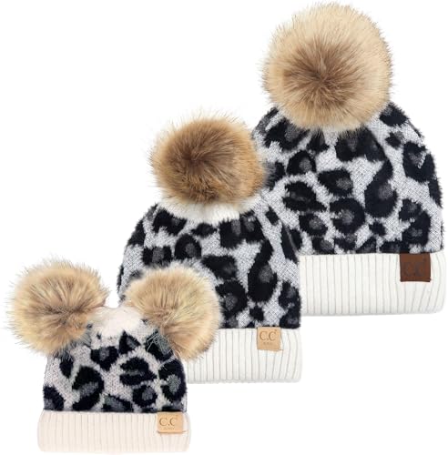 Funky Junque Mommy & Me Double Pom Beanies 3-Pack Matching Winter Hats for Mom, Toddler & Infant Girls, Cozy Knit Family Set - color: Leopard - Ivory
