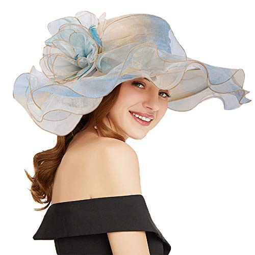 Women Oganza Sun Hat Church Wide Brim Wedding Formal Fascinator Hat - color: Light Blue