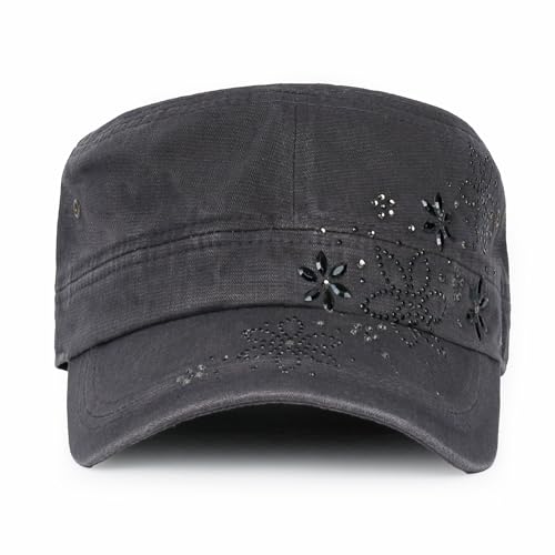 ililily Rhinestone Cotton Cadet Cap Vintage Distressed Cotton Military Army Hat - color: Dark Gray / Black