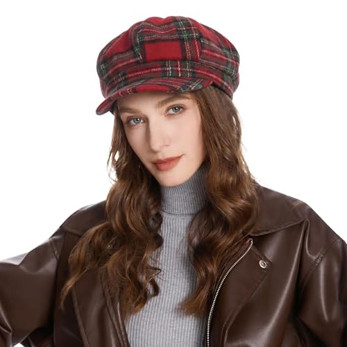 ZLYC Women Classic Newsboy Cap Visor 8 Panel Gatsby Cabbie Paperboy Hat - color: Tartan Plaid Red