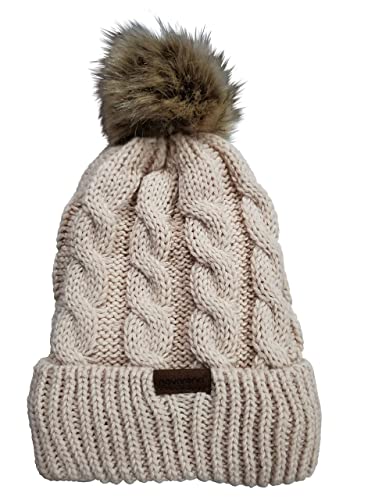 Novarena Thick Cable Knit Faux Fuzzy Fur Pom Fleece Lined Skull Cap Cuff Beanie - color: Beige Pom Beanie