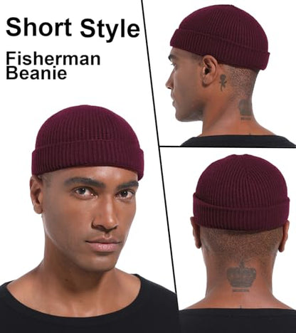 Wool Cuffed Beanie for Men Unisex Knit Watch Cap Thin Fisherman Beanies - color: Wine Red
