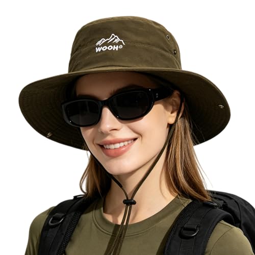 WOOH Sun Hats for Women,UPF80+ Wide Brim Foldable Bucket Hat with Adjustable Chin Strap,Summer Hat for Beach Hiking Gardening - color: Army Green