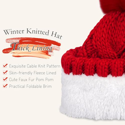 FZ FANTASTIC ZONE Womens Pom Pom Winter Warm Beanie Hat Cap Fleece Lined - color: Red