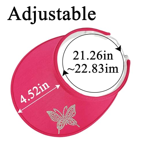 Sun Visors Hats Women Rhinestone Butterfly Wide Brim Hat Adjustable Golf Tennis Beach Sports Caps - color: Butterfly-rose Red