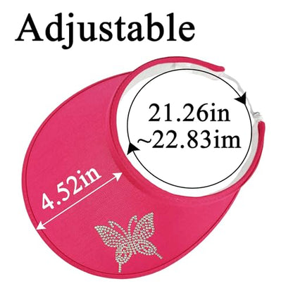 Sun Visors Hats Women Rhinestone Butterfly Wide Brim Hat Adjustable Golf Tennis Beach Sports Caps - color: Butterfly-rose Red