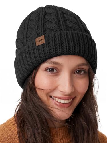 Winter Hats for Women Cable Knit Chunky Skull Cap Fleece Lined Thick Fold Cuff Beanie hat - color: Black, style: Cross Jacquard